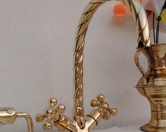 Antique Brass Sink Faucet Handcrafted Twisted Spout Dual Handles Vintage Bathroom Kitchen Decor