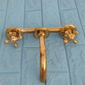 Brass Wall Mount Faucet Industrial Vintage Tap with Dual Handles Handmade Kitchen Bathroom Fixture