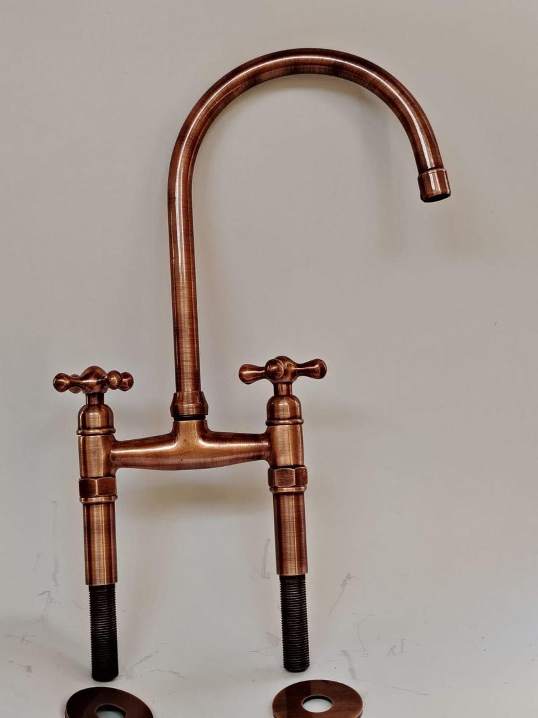 Decorated Copper Bridge Faucet – Handmade Double Handle Kitchen Tap ...