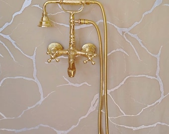 Rubinetto per vasca da parete in ottone non laccato con stile telefono e doccetta – Accessorio da bagno vintage