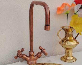 Antique Brass Faucet Vintage Dual Handle Mixer Tap for Kitchen & Bathroom Rustic Water Tap