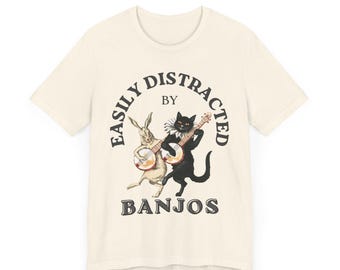 Cat and Rabbit Playing Banjo T-shirt, Vintage Style Banjo Short Sleeve Tee, Old-Time Music Shirt, Music Festival Graphic Softstyle Top
