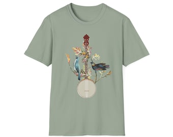 Banjo and Flowers T-Shirt, Music Festival Tee, Banjo Unisex Softstyle Shirt, Old-Time Music Top, Jam Session Apparel