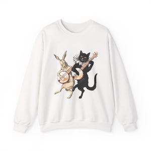 Banjo Animal Crewneck Sweatshirt, Old-Time Music Apparel, Clawhammer Banjo Sweatshirt, Banjo Animal Shirt, Cat and Rabbit Design