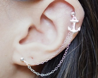 Sterling Silver Anchor Double Chain Cartilage Double Piercing Earring