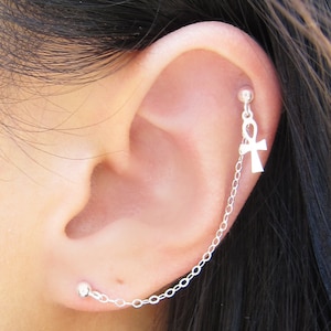 Sterling Silver Key of Life Ankh Cartilage Double Piercing Earring