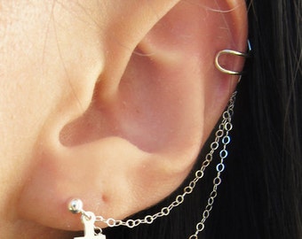 Sterling Silver Cross Double Chain Cuff Earring Pair