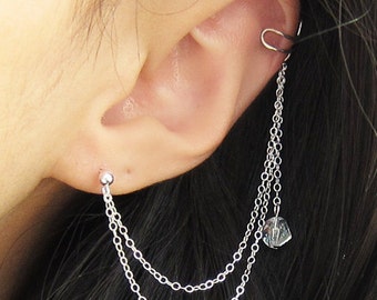 Sterling Silver Crystal Dangle Long Double Chain Cuff Earring