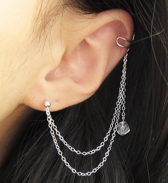 Sterling Silver Crystal Dangle Long Double Chain Cuff Earring