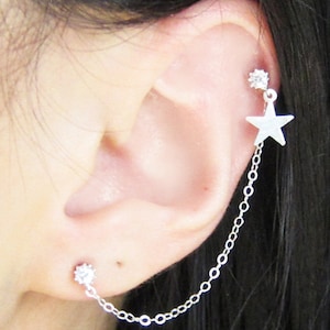 Sterling Silver Star Rhodium-Plated Cubic Zirconia Cartilage Double Piercing Earring