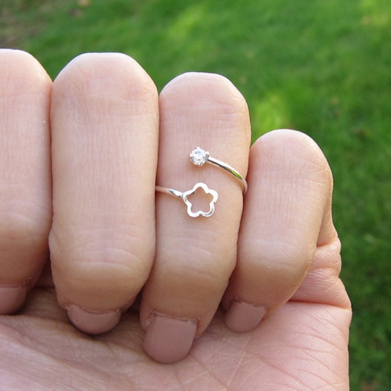 Sterling Silver Flower Cubic Zirconia Adjustable Pinky Ring Etsy