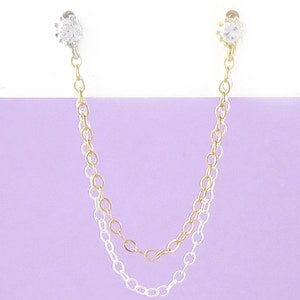 Cubic Zirconia Sterling Silver and Gold Double Chain Cartilage Double Piercing Earring image 2