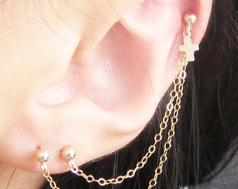 Gold Filled Small Cross Cartilage Triple Piercing Earring