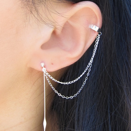 Antique Silver Feather Double Chain Cuff Earring Set Etsy