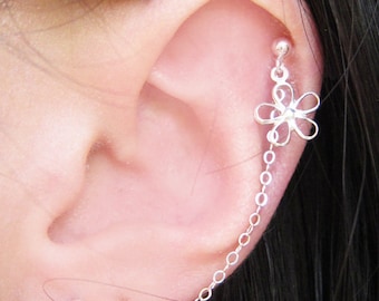 Sterling Silver Single Flower Double Piercing Earring