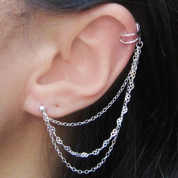 Sterling Silver Cable and Heart Triple Chain Cuff Earring