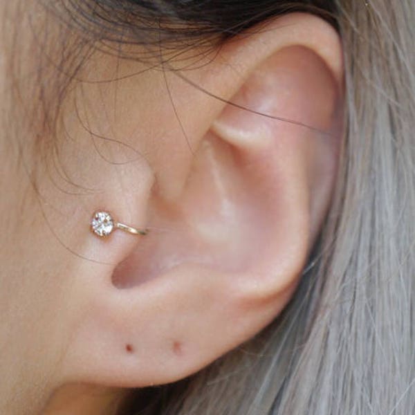 Gold Filled 3mm CZ Tragus No Piercing Ear Cuff