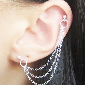 Sterling Silver Swirl Triple Chain Cartilage Double Piercing Earring