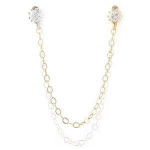 Cubic Zirconia Sterling Silver and Gold Double Chain Cartilage Double Piercing Earring image 3