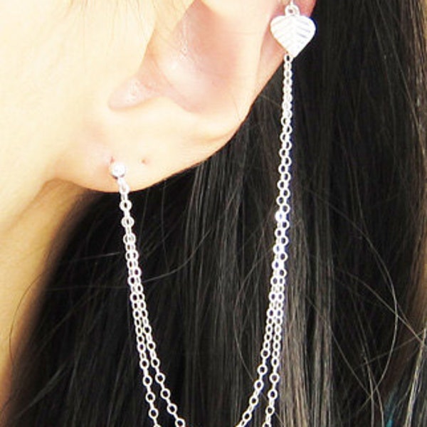 Sterling Silver Leaf Extra Long Double Chain Cartilage Double Piercing Earring