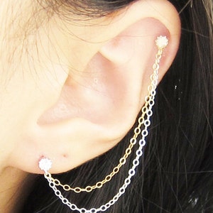 Cubic Zirconia Sterling Silver and Gold Double Chain Cartilage Double Piercing Earring image 1