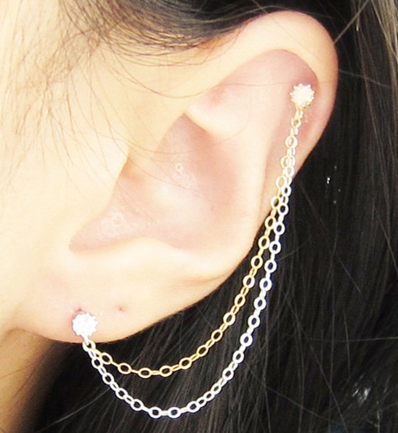 Cubic Zirconia Sterling Silver and Gold Double Chain Cartilage Double Piercing Earring image 1