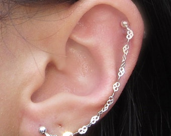 Sterling Silver Mini Hearts Chain Cartilage Double Piercing Earring