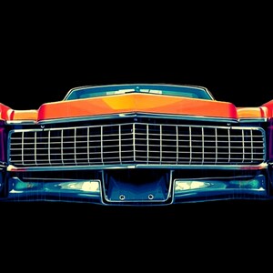 May include: Close-up of the front of a red vintage car with a chrome grill and headlights. The car is set against a black background.