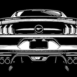 May include: Black and white line art illustration of the rear end of a Ford Mustang. The car has a black background and the image is cropped to show the rear bumper, taillights, and the Ford logo.