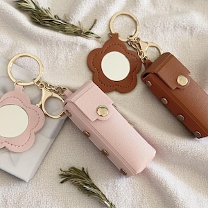 Lipstick Holder Keychain with Mirror – Mini Lip Balm Case for Purse – Compact Lipstick Storage Pouch – Bridesmaid Gift Makeup Bag Accessory