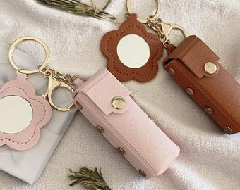 Lipstick Holder Keychain with Mirror: PU Leather Mini Makeup Bag