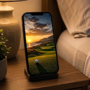 May include: A black smartphone standing upright on a small, square charging dock. The screen displays a vibrant image of a golf course at sunset, featuring a white golf ball in the foreground, green fairways, and a coastal mountain landscape.