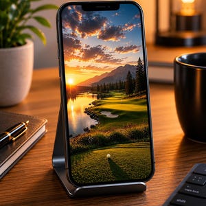 May include: A smartphone held in a metallic stand displaying a vibrant sunset over a golf course. The screen shows a green fairway, a calm lake reflecting the orange sky, tall pine trees, and a single white golf ball resting on the grass.