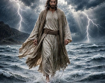 Jesus Walking Storm Sea Art Print – Christian Faith Wall Decor (Digital Download)