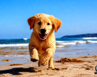 Golden Retriever Puppy Running on Beach: Pure Happiness (AI Generated Image)