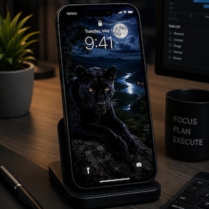 May include: A black smartphone resting on a wireless charging stand. The screen displays a lock screen with the date Tuesday, May 14, the time 9:41, and a wallpaper featuring a black panther in a moonlit forest landscape with a river.