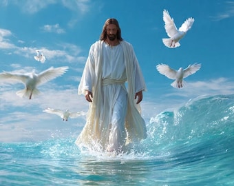 Jesus Walking on Water Wall Art Printable | Christian Coastal Decor | Faith-Based Digital Download