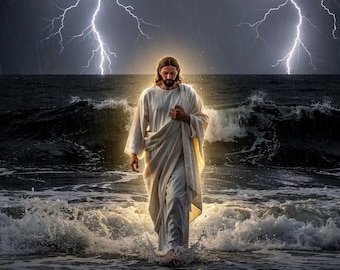 Jesus Walking Stormy Ocean Wall Art | Christian Faith-Based Artwork (Digital Download)
