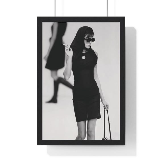 yasmeen ghauri black dress Fashion Model Print , Wooden Framed Poster, Nostalgic Vintage Wall Art, 90s Runway Show Decor, and White Photo, Ready To Wear
