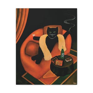 黒猫のキャンバス、ソファの上の黒猫、マーティン・レーマンの絵画、お金が語る黒猫アート