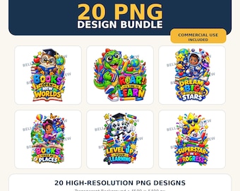 20 Back to School PNG Designs, DTF Sublimation Bundle, Teacher Student Graphics, Commercial Use