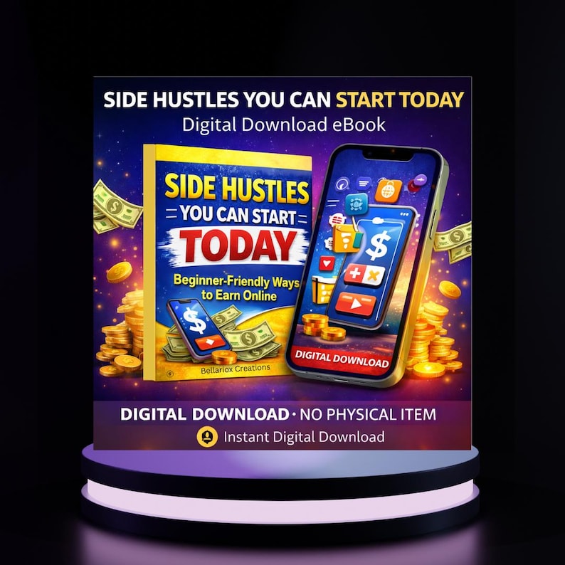 K&ouml;nnte beinhalten: Digitales Download-eBook mit dem Titel "SIDE HUSTLES YOU CAN START TODAY". Das Cover zeigt ein Buch und ein Smartphone mit Geld und Symbolen. Der Text "Beginner-Friendly Ways to Earn Online" ist ebenfalls sichtbar. Der Text "DIGITAL DOWNLOAD - NO PHYSICAL ITEM" ist enthalten.