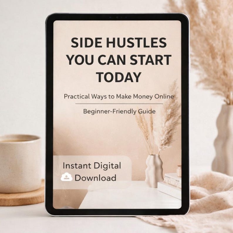 K&ouml;nnte beinhalten: Ein digitales Tablet zeigt einen Ratgeber mit dem Titel "SIDE HUSTLES YOU CAN START TODAY". Das Cover enth&auml;lt den Text: "Practical Ways to Make Money Online" und "Beginner-Friendly Guide". Das Tablet zeigt auch "Instant Digital Download".