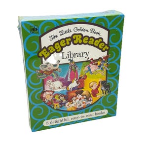 May include: A boxed set of "The Little Golden Book Eager Reader Library" books. The box has a green and blue swirl design with illustrations of characters. The text on the box reads "8 delightful, easy-to-read books."