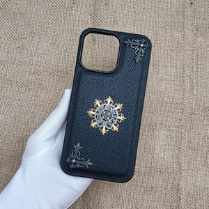 Flames Iris Cross leather Phone Case Men Woman iPhone Case 16 15 14 plus 13 12 11 pro Max Opium Y2K Designer Black white Cover Gift for him