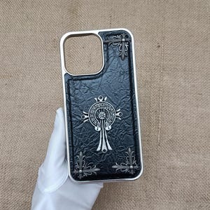 Cross Iris leather Phone Case Men Woman iPhone Case 16 15 14 plus 13 12 11 pro Max Opium Y2K Designer white, Black Cover Gift for him