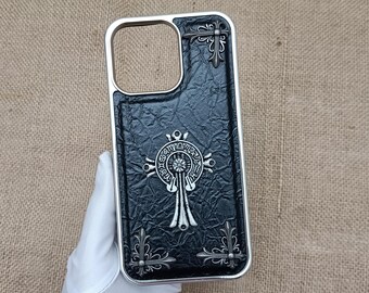 Funda de cuero Cross Iris para teléfono, para hombre y mujer, para iPhone 16, 15, 14 plus, 13, 12, 11 Pro Max, Opium Y2K, diseño blanco y negro, regalo para él