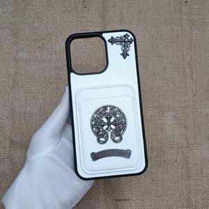 Horseshoe Chapter Cross Iris With card bag Handmade leather Phone Case Men Woman iPhone 16 15 14 plus 13 12 11 pro Max Black white Cover