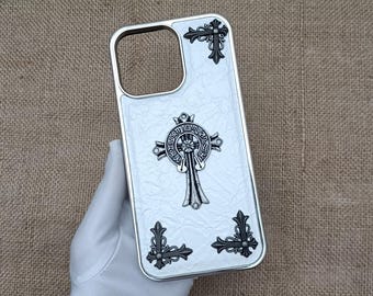Funda de cuero Cross Iris para teléfono, para hombre y mujer, para iPhone 16, 15, 14 plus, 13, 12, 11 Pro Max, Opium Y2K, diseño blanco y negro, regalo para él