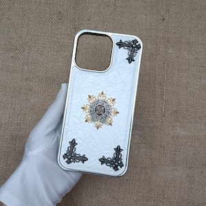 Flames Cross Iris leather Phone Case Men Woman iPhone Case 16 15 14 plus 13 12 11 pro Max Opium Y2K Designer Black white Cover Gift for him
